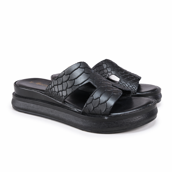 Papuci din piele naturala, Negru-Made in Italy, Zeppa H Nero Snake, R4, cu detalii din piele naturala.