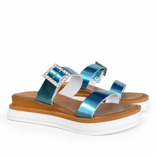 Papuci din piele naturala, Turcoaz -Made in Italy, Lido 678 Lam Celeste, R4 cu detalii strălucitoare.