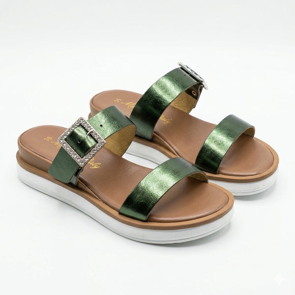 Papuci din piele naturala, verde-Made in Italy, Lido 678 Laminato, design elegant cu talpa confortabila.
