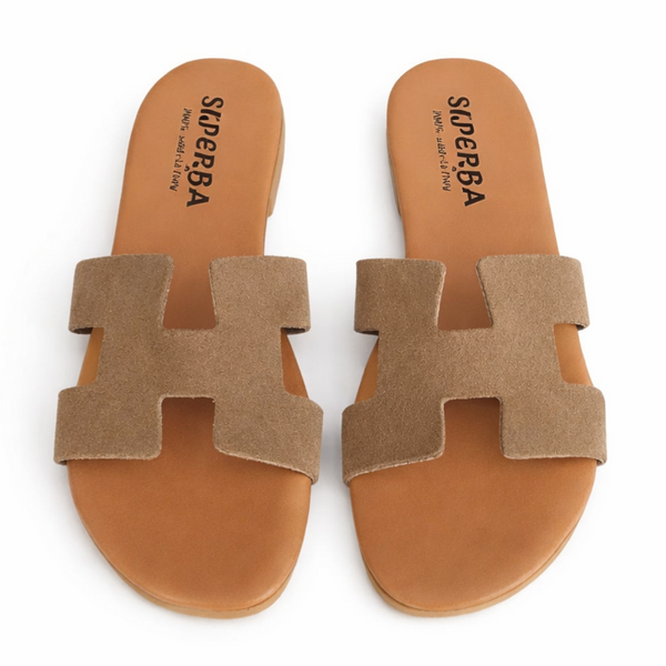 Papuci dama din piele naturala intoarsa, Bej Oliv- Superba, H Cam Oliva, R8