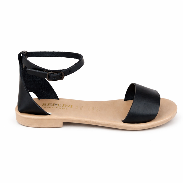 Sandale dama din piele naturala, negru -Bellini, Gaeta Nero, R8 sandale plate din piele naturala cu bareta la glezna, Made in Italy