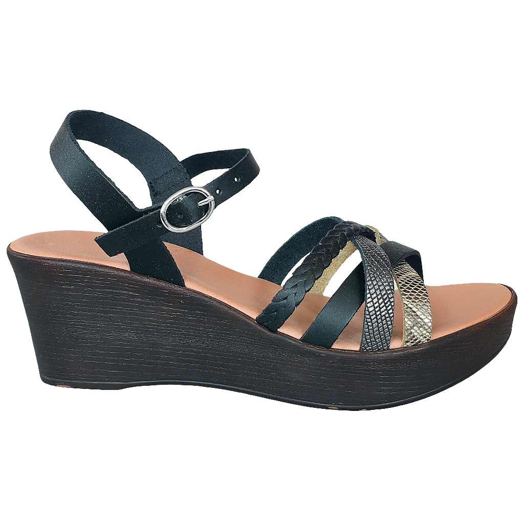 Black leather wedge sandals for women, featuring natural leather straps and 6.5cm platform, made in Italy.