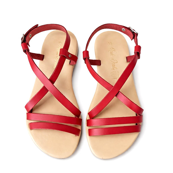 Sandale dama din piele naturala, rosu-Bellini, Roma R8 sandale rosii din piele naturala, barete incrucisate, Made in Italy