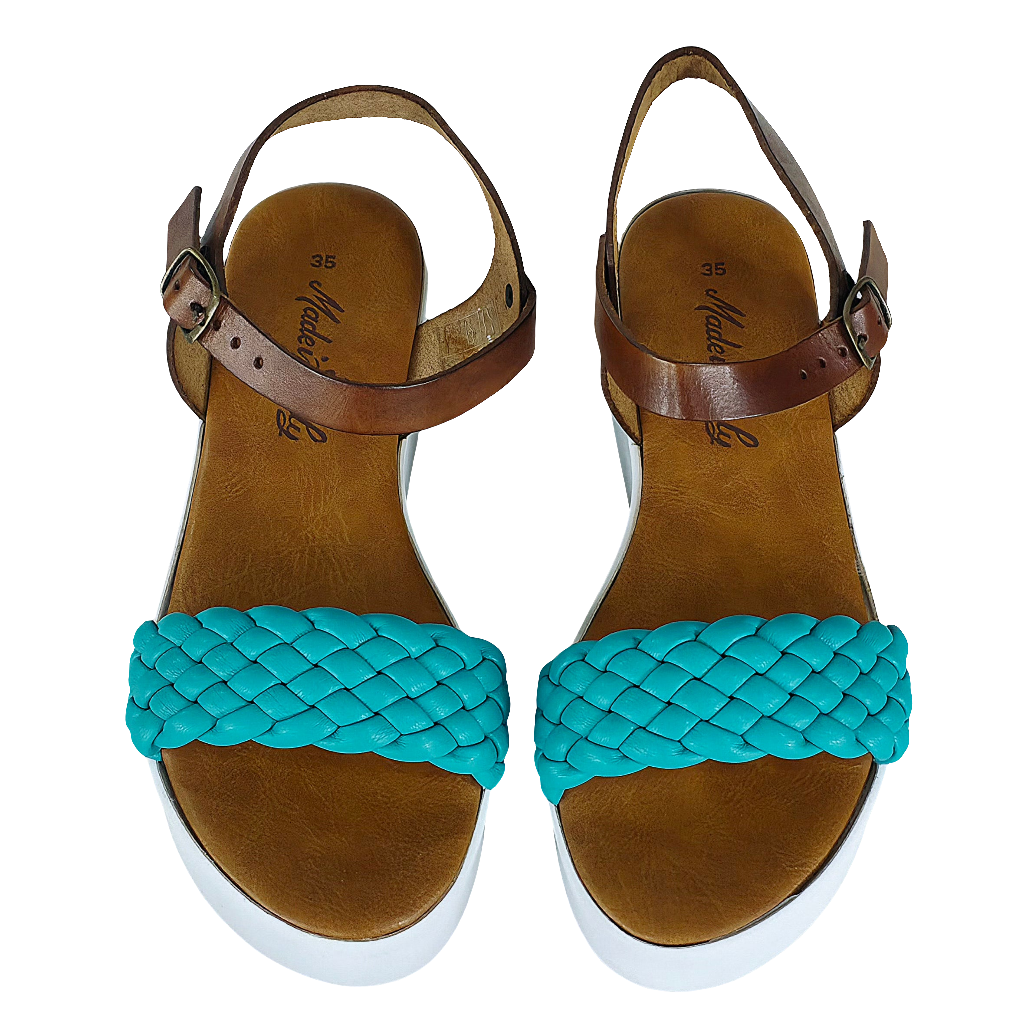 Turquoise natural leather women's sandals, made in Italy, featuring braided design and stylish ankle strap.
